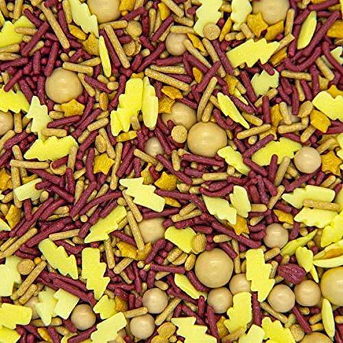 Harry Potter Cake Decorations with Wizard Lightning Sprinkles, Maroon and Gold Jimmies, Nonpareils, Sugar Pearls, Lightning Bolt Quins - Harry Potter Sprinkles for Birthday Cake Decorating, Baking