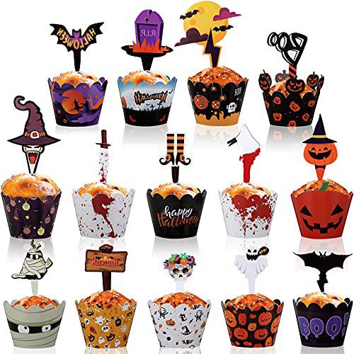56 Pieces Halloween Cupcake Toppers Cupcake Wrappers Kit Halloween Cupcake Liners with Cupcake Picks Halloween Cake Decoration for Halloween Party Cupcake Baking