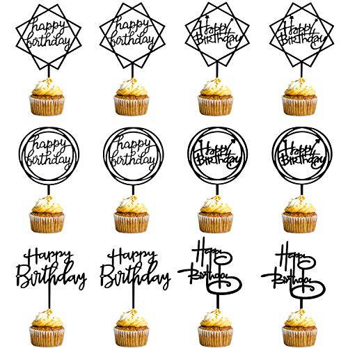 KEWIND 12 Pack Happy Birthday Cake Topper, Acrylic Birthday Cupcake Toppers for Cake Decorations Birthday Party Supply (Black)