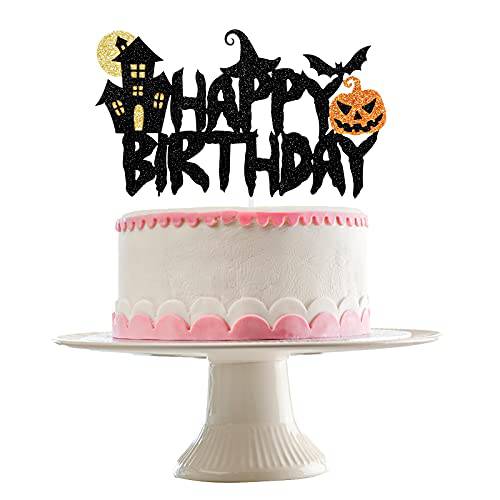 Halloween Happy Birthday Cake Topper Black Glitter - Halloween Birthday Party Cake Decorations Haunted Mansion Halloween Birthday Cake Supplies