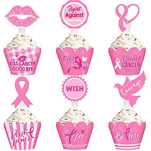 96 Pieces Breast Cancer Awareness Cupcake Topper Pink Cupcake Wrapper Set Breast Awareness Cupcake Picks Bake Cups Pink Ribbon Win Party Supplies Cake Cupcake Dessert Decorations