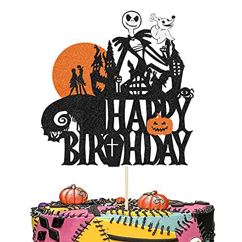 Halloween Cake Topper Glitter Jack and Sally Happy Birthday Cake Topper Skull Ghost Pumpkin Halloween Cake Pick for Halloween Christmas Theme Bday Party Wedding Halloween Party Decorations