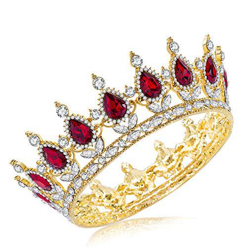 Pensoda Rhinestone Cake Topper Crown Fancy Party Cake Decoration Princess And Prince Headpiece (Gold-red)