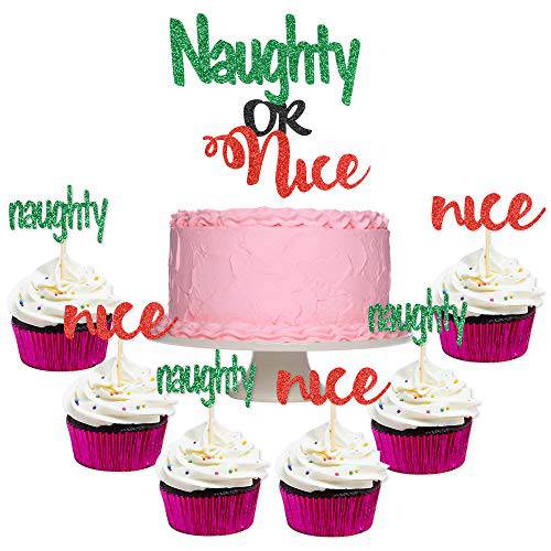 Red Green Glittery Christmas Naughty Or Nice Cake Cupcake Toppers - Christmas Cake Party Decorations, Holiday Santa Reindeers Happy New Year Cake Decorations Supplies