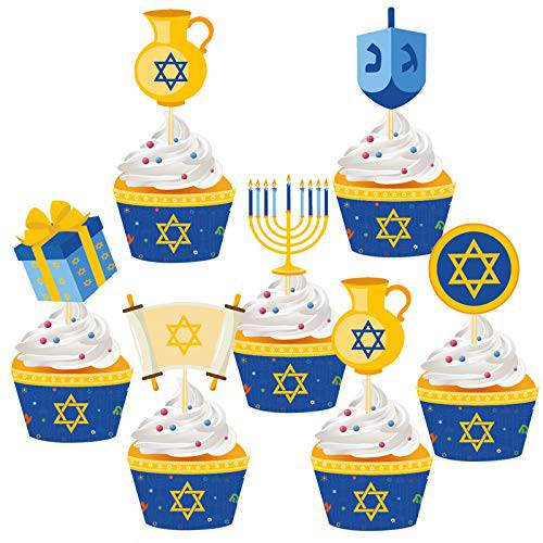 48Pcs Hanukkah Party Cupcake Toppers and Wrappers - Holiday Christmas Chanukah Birthday Party Decorations Supplies Favors