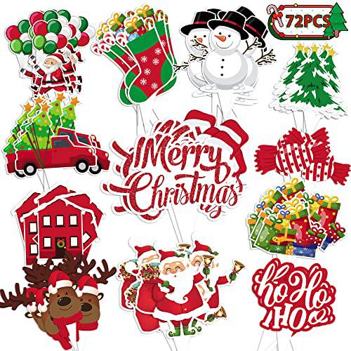 Christmas Cupcake Toppers 72pcs Christmas Cake Decorations for Santa Tree Snowman Sock Candy Theme Party Cake Toppers Christmas Party Supplies