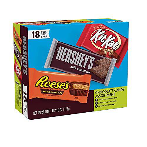 REESE’S, HERSHEY’S and KIT KAT Milk Chocolate Assortment Candy Bars, Individually Wrapped, 27.3 oz Variety Pack (18 Count)