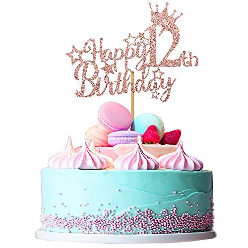 Ufocusmi 12th Birthday Decorations for Girls, Glitter Rose Gold Happy 12th Birthday Cake Topper, 5.9x4.75 inch