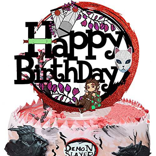 Happy Birthday Cake Topper for Anime Theme Black Glitter Boy Girl Party Decorations - Anime party Decorations Supplies