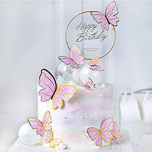 22Pcs Pink Butterfly Cake Toppers with1Pcs Acrylic Happy Birthday Gold Steel Ring Cake Decoration 3D Butterfly Cupcake Topper Happy Birthday Wedding Party Cake Wall Party Food Decorations