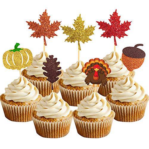 28 Pcs Thanksgiving Cupcake Toppers, Glittery Turkey Cake Decoration for Thanksgiving Party Food Supplies