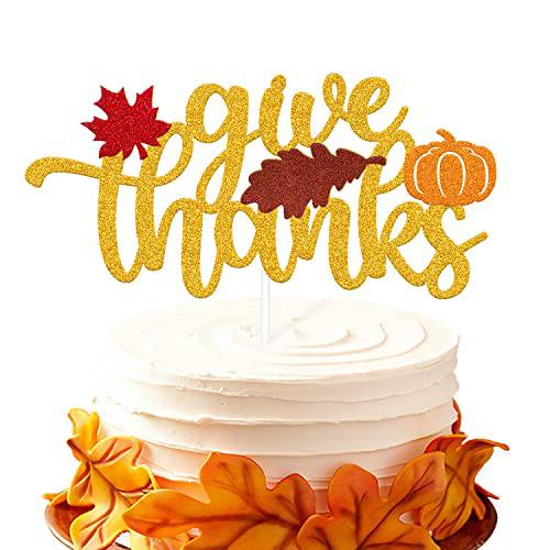 Give Thanks Cake Topper Autumn Fall Leaves Mantle Pumpkin Thanksgiving Day Festival Theme for Thankful Blessed Grateful/Happy Friends Giving/Happy Thanks Giving Party Supplies
