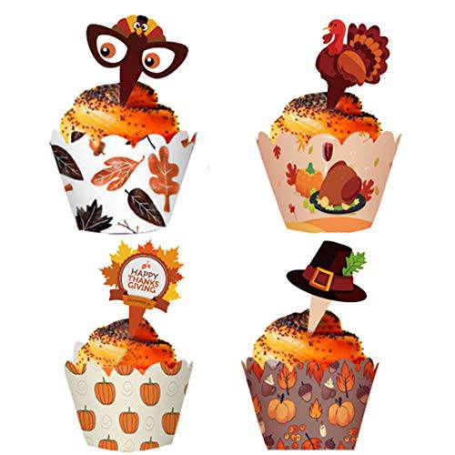 48 Pieces Thanksgiving Cupcake Toppers Cupcake Wrappers Kit for Thanksgiving Day Autumn Cake Decoration