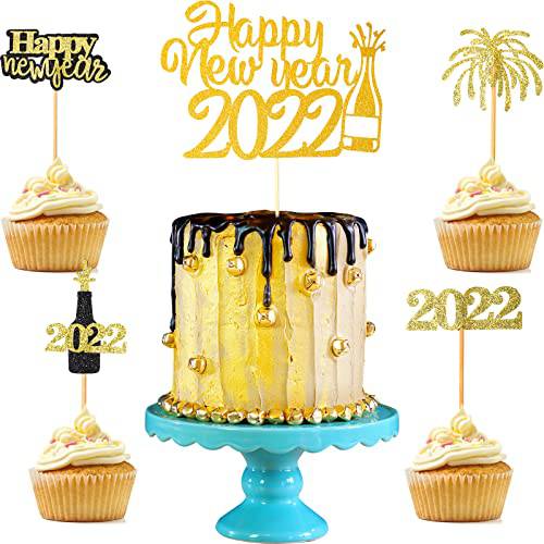 25 Pieces Happy New Year Cake Topper Gold Glitter New Years Cupcake Toppers 2023 New Years Eve Cupcake Toppers Firework Beers Happy New Year Cupcake Picks for 2023 New Year Party Cake Decoration