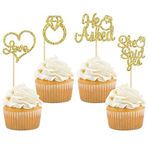 Gyufise He Asked She Said Yes Cupcake Toppers Gold Glitter Diamond Ring Heart Love Cake Picks for Wedding Engagement Party Cake Decorations 24 Pack