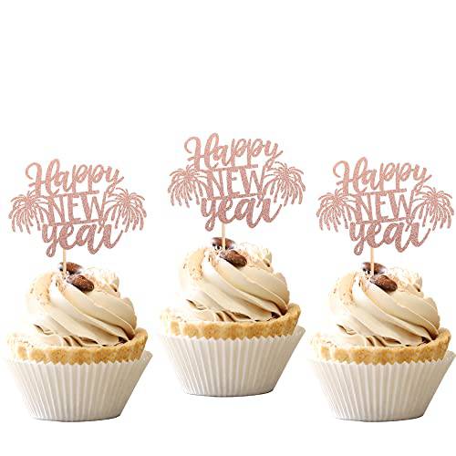 24 PCS Glitter Happy New Year Cupcake Toppers hello 2022 Welcome to 2022 Happy New Year Cake Picks Decorations for 2022 Happy New Year Holiday Theme Party Supplies Rose Gold