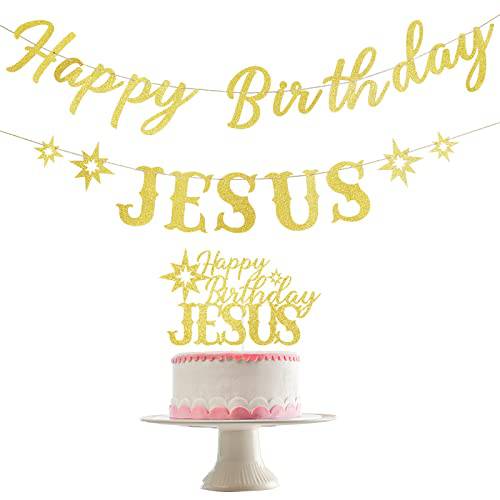Happy Birthday Jesus Banner Gold Glitter and Happy Birthday Jesus Cake Topper, Christmas Birthday Banner for Christian Christmas Jesus’s Birthday Party Decorations, Christmas Holiday Winter Merry Christmas Party Decorations