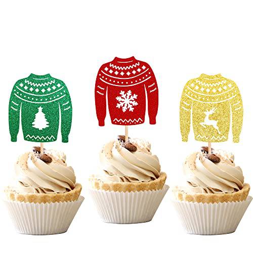 24 PCS Ugly Sweater Cupcake Toppers Gold Green Red Glitter Christmas Tree Deer Snowflake Cupcake Picks Winter Merry Christmas Theme New Year Holiday Party Cake Decorations Supplies