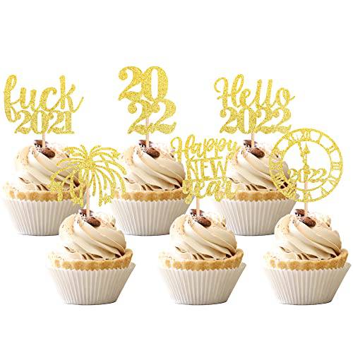 24 PCS Happy New Year 2023 Cupcake Toppers Glitter Cheers to 2023 Fireworks Clock Hello 2023 Cupcake Picks Happy New Year Holiday Theme Party Cake Decorations Supplies Gold