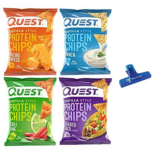 Nutrition Tortilla Style Protein Chips, Nacho Cheese, Ranch, Chili Lime, and Loaded Taco, 1.1 Ounce (Pack of 16) - with Make Your Day Bag Clip