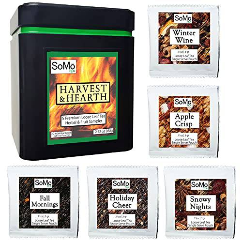 SoMo Tea | Harvest & Hearth | Loose Leaf Tea Sampler Set, 20 Single Serve Assorted Flavors of the Season, Hot Tea Variety Pack with Fall and Winter Spices Tea Tin Set…