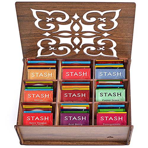 Stash Tea Bags Sampler Assortment Box - 80 COUNT - Perfect Variety Pack in Wood (MDF) Gift Box - Gift for Family, Friends, Coworker (Walnut)