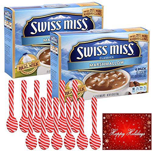 Swiss Miss Hot Cocoa Mix with Marshmallow 12 Envelops & 12 Peppermint Candy Cane Spoons Plus Free Card Tag.