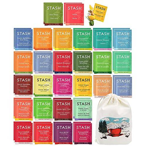 Stash Tea Bags Sampler Assortment Variety Pack Gift, 40 Count, 18 Flavors with Handmade Cotton Pouch