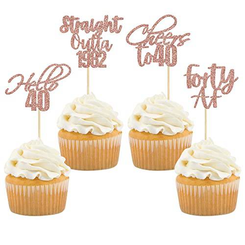 Gyufise 48 Pack Rose Gold Glitter Hello 40 Cupcake Toppers Glitter Forty Cheers to 40 Straight Outta 1982 Cupcake Picks for 40th Birthday Anniversary Party Cake Decorations Supplies