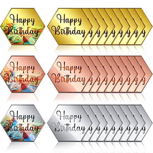 30 Pcs Acrylic Cupcake Toppers Happy Birthday Cake Disc Mirror Acrylic Cake Topper Engraved Personalized Cake Topper Mini Acrylic Cake Charm Name Custom Cake Decorations for Decor (Hexagon)