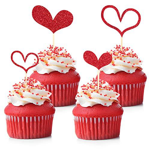 Fuutreo 48 Pieces Glitter Heart Cupcake Toppers Wedding Cupcake Picks Love Birthday Cake Decorations Engagement Toothpicks for Bridal Shower Anniversary Mother Day Party Favors Supplies (Red)