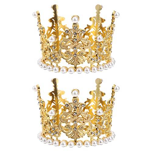 Amosfun 2pcs Mini Crown Cake Topper Pearl Rhinestone Queen Princess Tiara Crown for Birthday Wedding Party Cake Decorations Supplies (Golden)