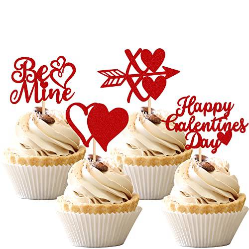 36 PCS Happy Galentine’s Day Cupcake Toppers with Glitter Double Heart XOXO Be Mine Valentine Cupcake Picks Valentine’s Day Theme Birthday Party Cake Decorations Supplies Red