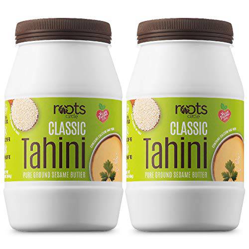 Roots Circle All-Natural Sesame Tahini Paste | 100% Pure Rich & Creamy Ground Sesame Seed Paste for Hummus, Tahini Sauce, Dressing & Dips | Vegan, Kosher | Non-GMO, Gluten & Peanut-Free | 2 Jars 16 Oz