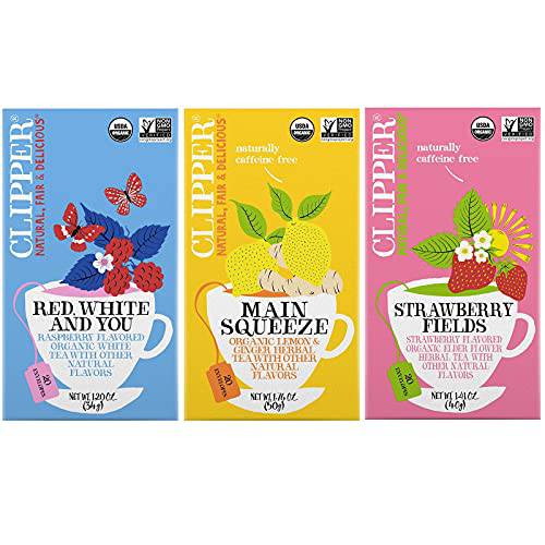 Clipper Tea Fruit Favorites Organic British Tea Collection - Hand Selected Infused Teas Variety Pack Includes: Red White and You, Lemon & Ginger, and Strawberry and Elder Flower Pack of 3, 60 Unbleached Tea Bags