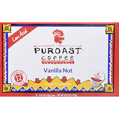 Puroast Low Acid Coffee Single-Serve Pods, High Antioxidant, Compatible with Keurig 2.0 Coffee Makers, Premium Vanilla Nut, 12 Count (Pack of 6)