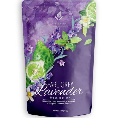Gardenika Organic Earl Grey Loose Leaf Tea – Caffeinated Black Leaves with Lavender and Bergamot Oil – Kosher, No Sugar, Gluten, Natural or Artificial Flavors - 4 Oz