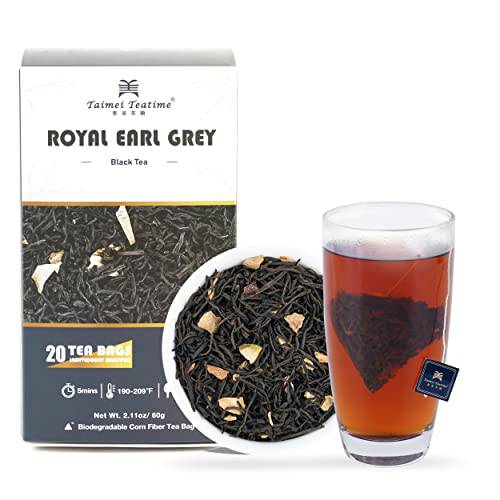 Taimei Teatime Earl Grey Black Tea Bags(20 Counts, 60g), Caffeinated Ceylon OP Black Tea Blended with Bergamot Essential Oil and Bergamot Pieces, High Polyphenols and Antioxidant