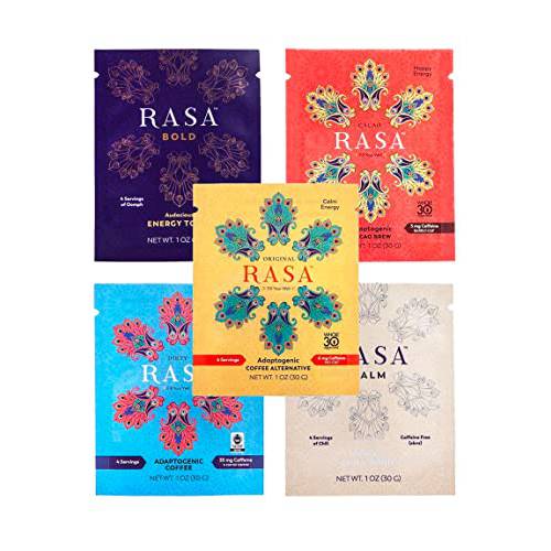 RASA Bestsellers 5-Pack Sampler (Original, Cacao, Bold, Calm, & Dirty) – Adaptogenic Mushroom Coffee Alternative | Vegan, Keto, Whole 30, Ayurveda Wellness Tonic with Chaga + Reishi (5 Packets / 1 oz. ea.)