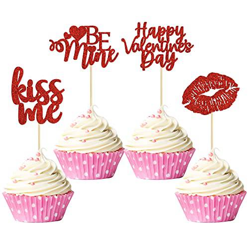 Gyufise 24 Pack Red Glitter Happy Valentine’s Day Cupcake Toppers Be Mine Kiss Me Lipstick Cupcake Picks for Valentine Sweet Love Theme Wedding Engagement Bridal Shower Party Cake Decorations