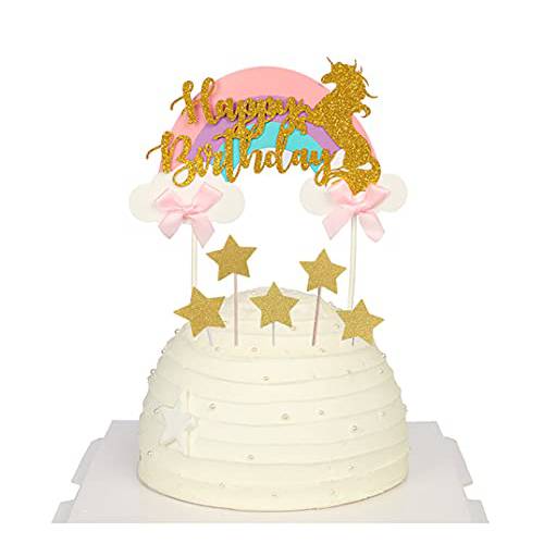 cake decorations 6pcs - 1 Happy Birthday Unicorn Rainbow Cake Topper with 5 gold and pink stars, Unicorn Theme Party, Gold Letters and Rainbow