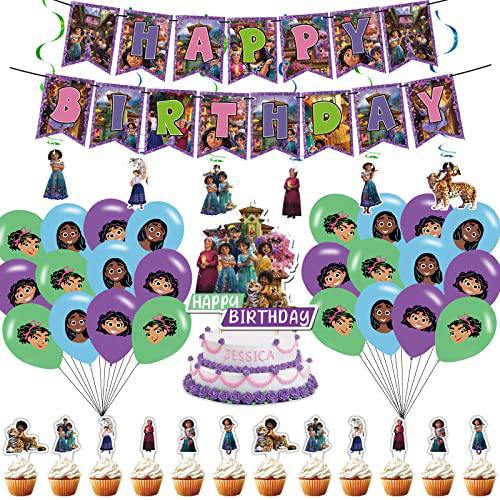 56 PCS The Encanto Party Supplies Included Birthday Banner, Hanging Swirls，Cake Topper, Cupcake Toppers, Balloons,Theme Party Gift