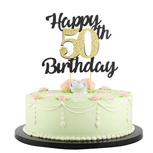 LVEUD Happy Birthday Cake Topper Black Font Golden Numbers 50th Birthday Happy Cake Topper -Birthday Party Decorations (50th)