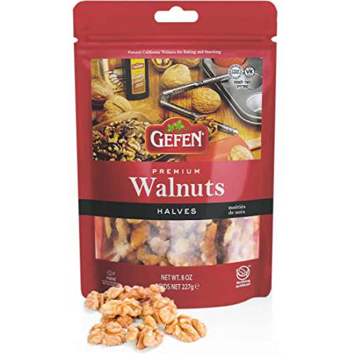 Gefen Premium Quality California Grown Walnut Halves 8oz, Unsalted , Great for Baking & Snacking, Kosher (including Passover) Resealable Pouch