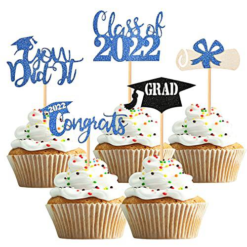 40PCS 2022 Graduation Cupcake Toppers Glitter Class of 2022 Graduation Cap Diploma Congrats Grad Cupcake Picks 2022 Graduation Theme Party Cake Food Decorations Supplies - Gold