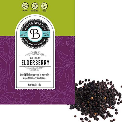Elderberry Dried Organic - 1 lb Bulk, Makes Great Black Elderberry Tea and Sambucus Nigra is Known for It’s Immune System Booster Properties as Syrup, Popsicles, and Gummies - Birds & Bees Teas Elderberries Dried