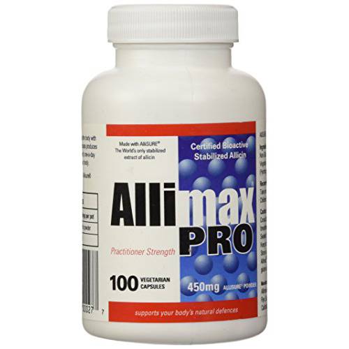 Allimax Pro 450mg 100 Vegicaps. Allicin Garlic Supplement to Support Your Body’s Immune Function. With Stabilized Allicin Extracted from Clean & Sustainable Spanish Grown Garlic. Professional Strength