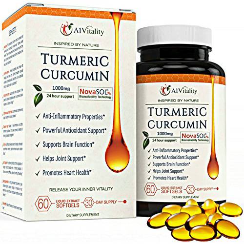 A1Vitality Turmeric Curcumin NovaSOL Supplements 1000mg More Potent Than Bioperine - Inflammation, Joint Pain Relief - 185x Bioavailable Than Turmeric Black Pepper Capsules – Best Natural Softgels