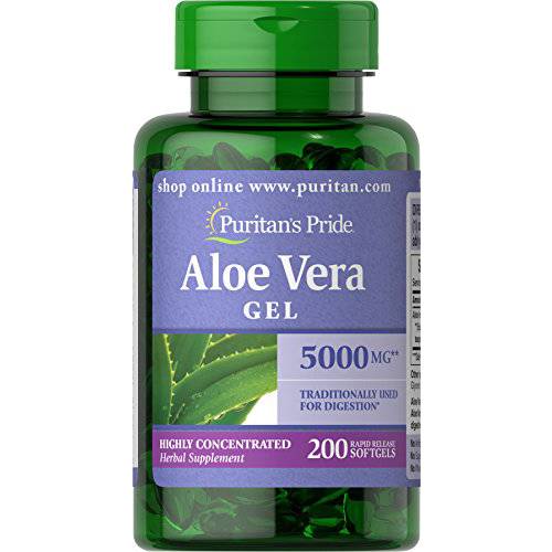 Puritans Pride Aloe Vera Extract 25mg (5000mg equivalent) Softgels, 200 Count (Packaging may vary)