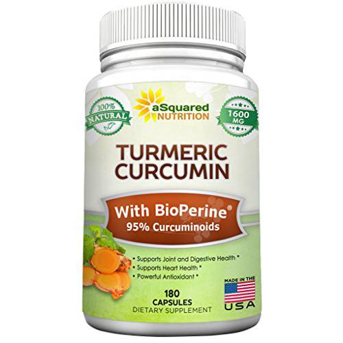 Turmeric Curcumin 1600mg with BioPerine Black Pepper Extract - 180 Capsules - with 95% Curcuminoids, 100% Natural Tumeric Root Powder Supplements, Natural Anti-Inflammatory Joint Pain Relief Pills